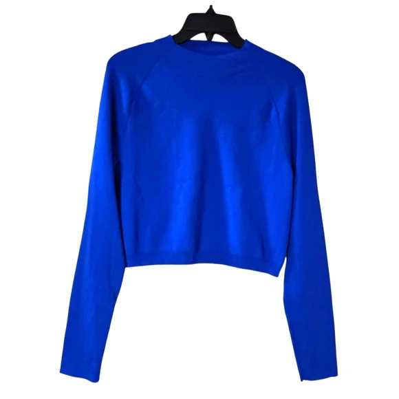 COS Large Cropped Knitted Mock-Neck Top Bright Blue Long-Sleeve Stretch - Picture 2 of 11
